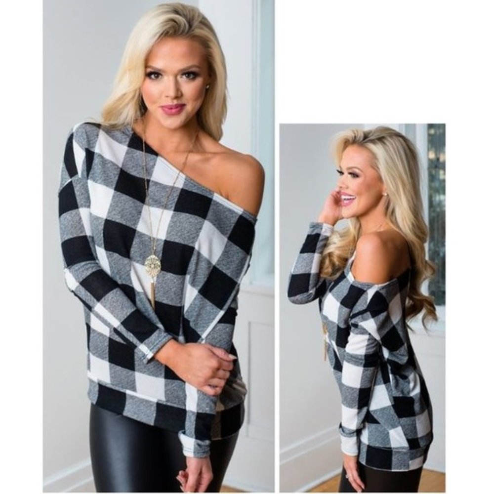 Off Shoulder Top Long Sleeve Plaid Tee(TP012)